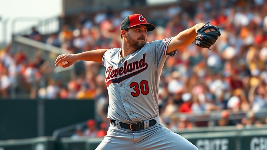Cleveland Guardians news: Intense pitcher mid-throw with cheering crowd, showcasing MLB playoffs action.
