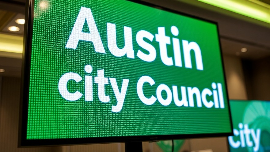 Photorealistic digital display of 'Austin City Council' news in vibrant colors.