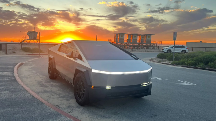 Tesla Cybertruck driving off a highway overpass in Houston, latest news in Houston.