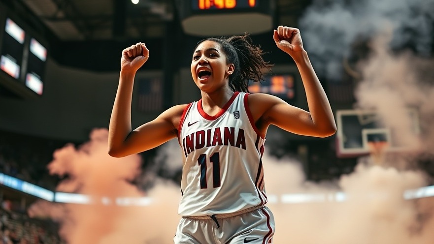 Focused female athlete in basketball uniform celebrating victory, NBA highlights backdrop.