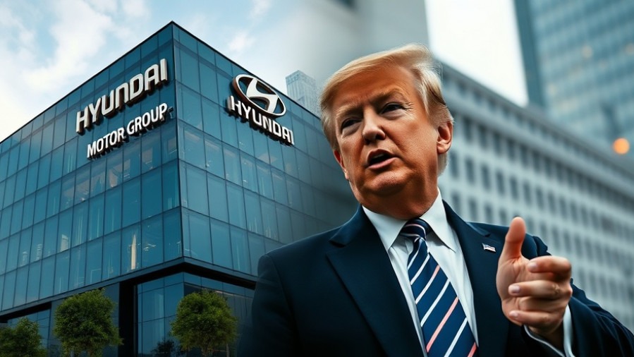 Trump passionately speaking on U.S. economy news beside the Hyundai Motor Group building.