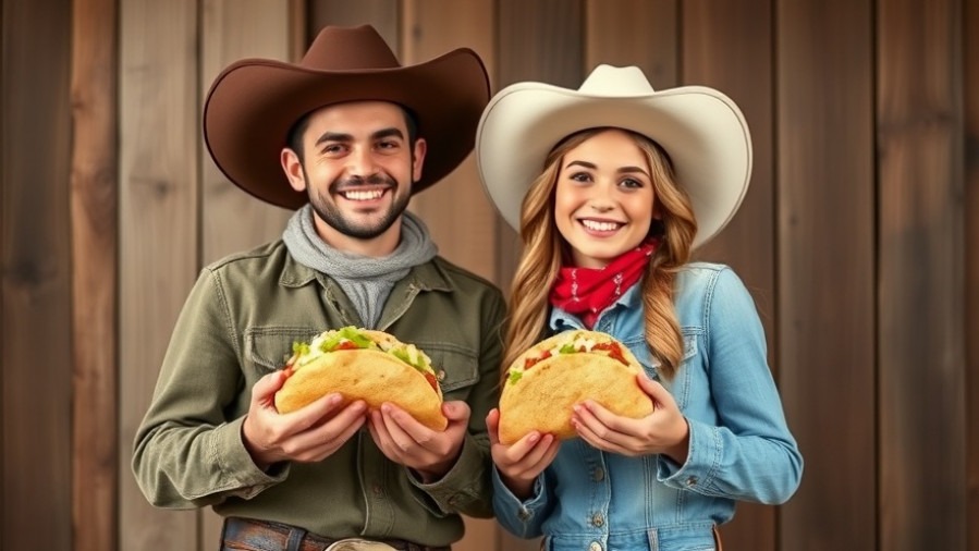 Cowboy and cowgirl enjoying tacos at local San Antonio food events.