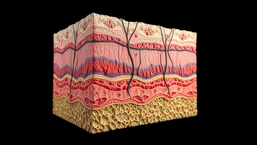 Side view of human skin layers with collagen detail for educational illustration.