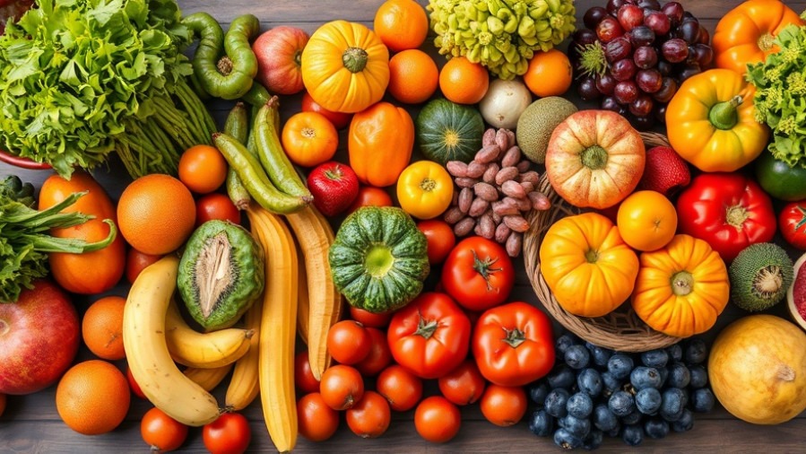 Vibrant table of fruits and vegetables for healthy aging for seniors.