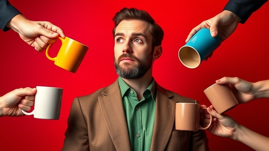 Thoughtful man shares nutrition tips with coffee mugs, focusing on energy management techniques.