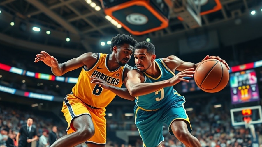 Intense NBA highlights with dynamic action in a vividly colored indoor stadium.