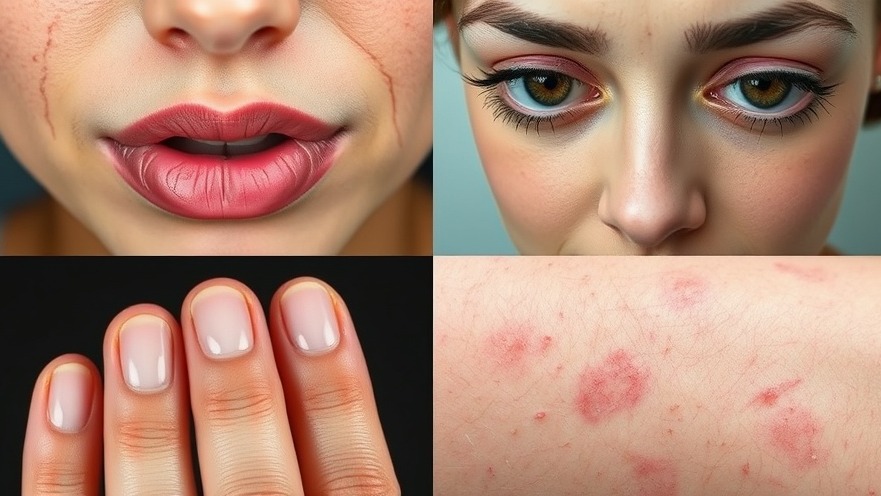 Collage of vitamin deficiency symptoms: cracked lips, brittle nails, dark circles, rash.