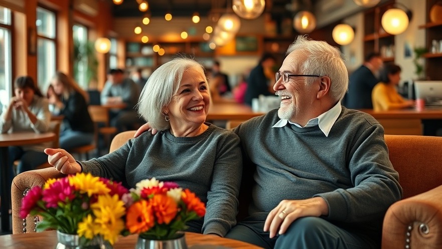 Cheerful older couple enjoying emotional intimacy in a cozy coffee shop.