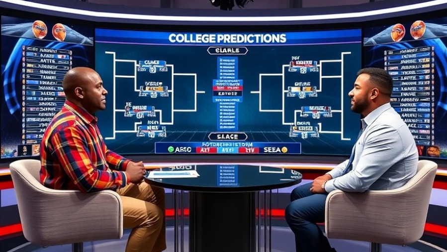 Three diverse men on a sports show set discussing college football predictions with bracket projections.