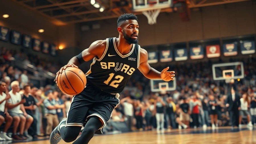 Dynamic SPURS basketball player dribbling, showcasing triple-double achievement in a lively indoor court.