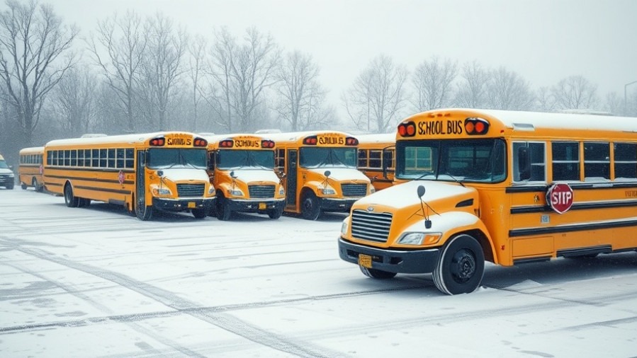 Frisco school closures: school buses parked in snowy lot due to winter storm