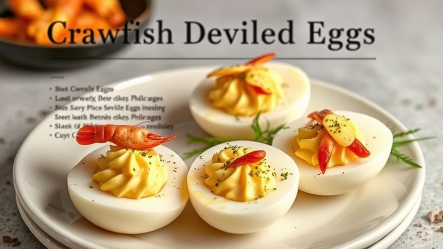 Elegant Crawfish Deviled Eggs recipe card from the Houston dining guide.
