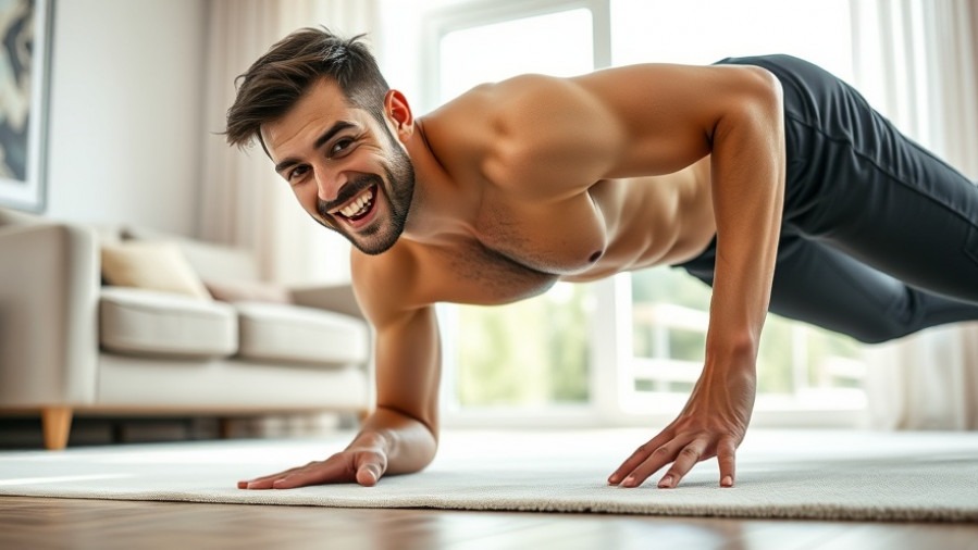 Fit man smiling while doing functional fitness exercises in a bright living room.