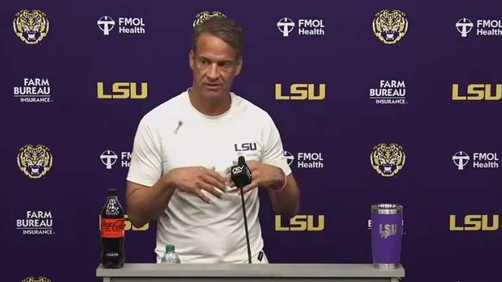 LSU football press conference graphic for week 6 on a purple background