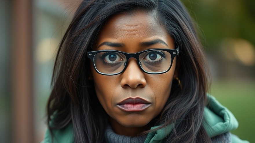 Worried black woman in green jacket reflecting on political misconduct and ethics in government.