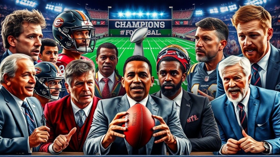 Vibrant collage of college football analysts and players studying intense National Championship moments.