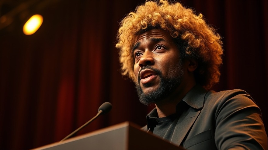 Big man with curly blond hair humorously speaks at a podium, reflecting cultural sports memes.