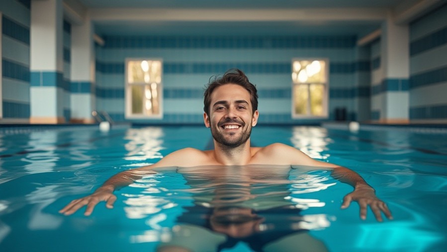 Young man gracefully floating in an indoor pool, enjoying tranquility.
