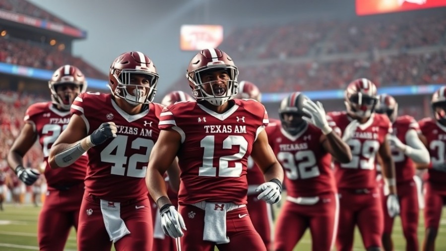 Texas A&M celebrates victory in SEC football, vibrant uniforms and dynamic action.