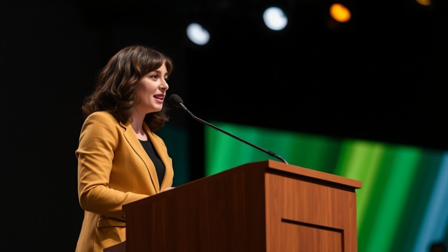 Woman at podium delivering breaking national news on immigration policy USA.