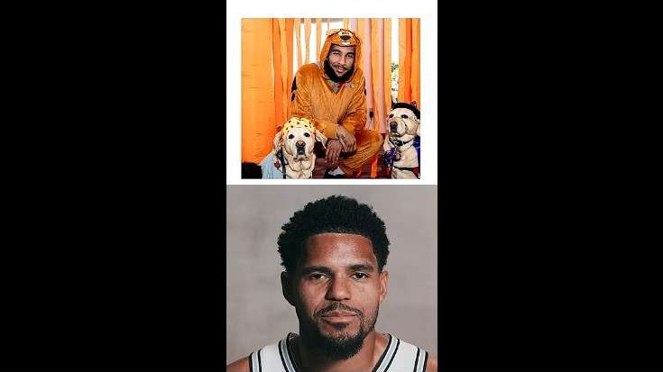 Cheerful moment at a San Antonio Spurs game with fans in costumes.