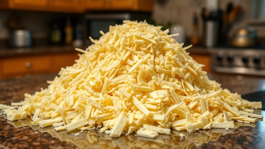 Mound of shredded cheese on kitchen counter amid cheese safety recall alert.