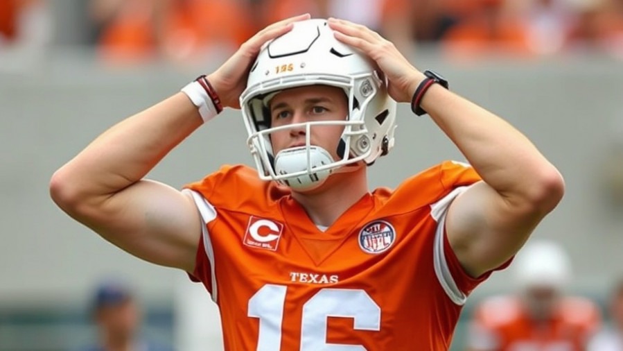 Arch Manning #16, Texas Longhorns quarterback, showing concern over concussions in sports.