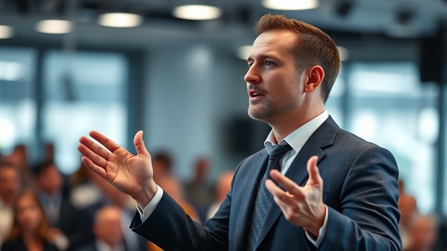 Engaged male speaker addressing audience on breaking US news and fraud enforcement.