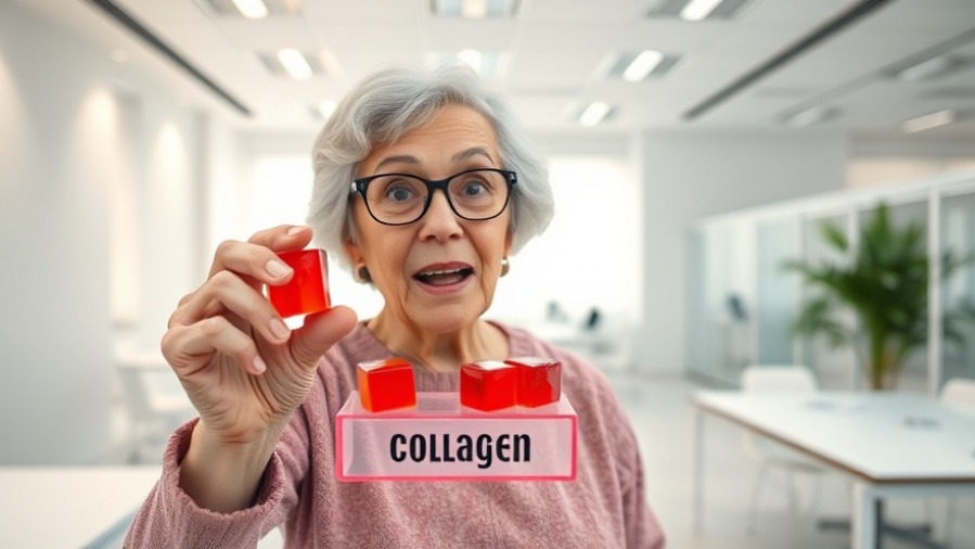 Surprised senior woman pointing at collagen cubes, showcasing amino acids and healthy aging.