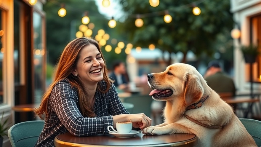 Happy dog owner enjoys pet-friendly dining in Galveston with her golden retriever.