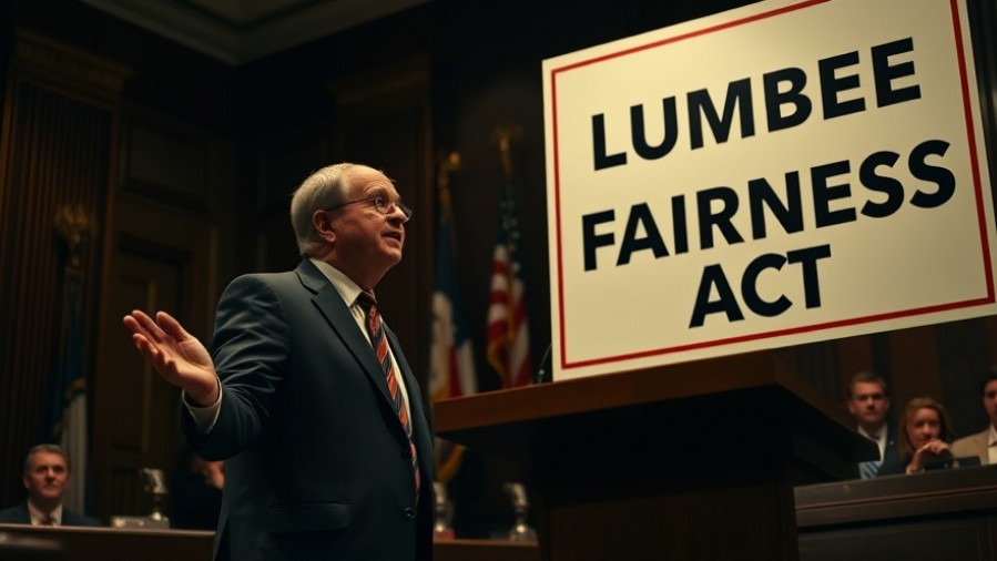 Speaker advocating for bipartisan support for tribes, near 'Lumbee Fairness Act' sign.