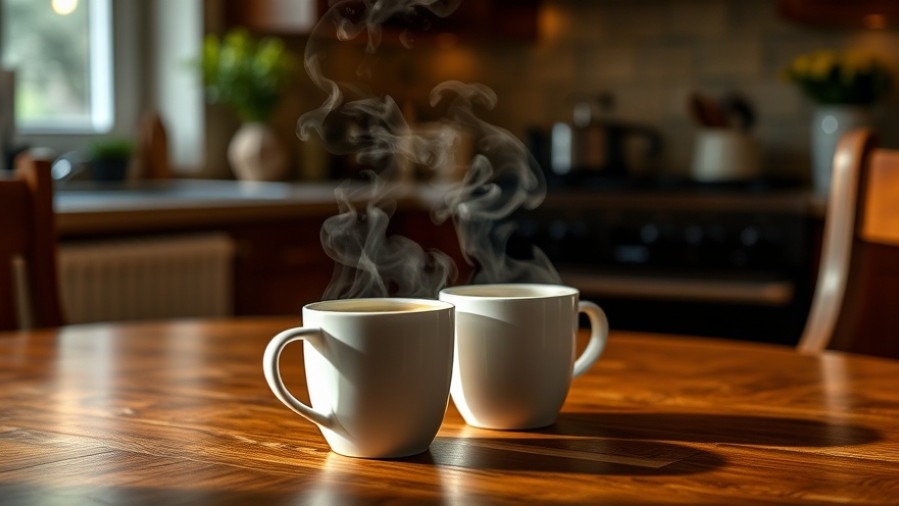 Two cups of steaming coffee on a kitchen table, promoting healthy eating tips for seniors.