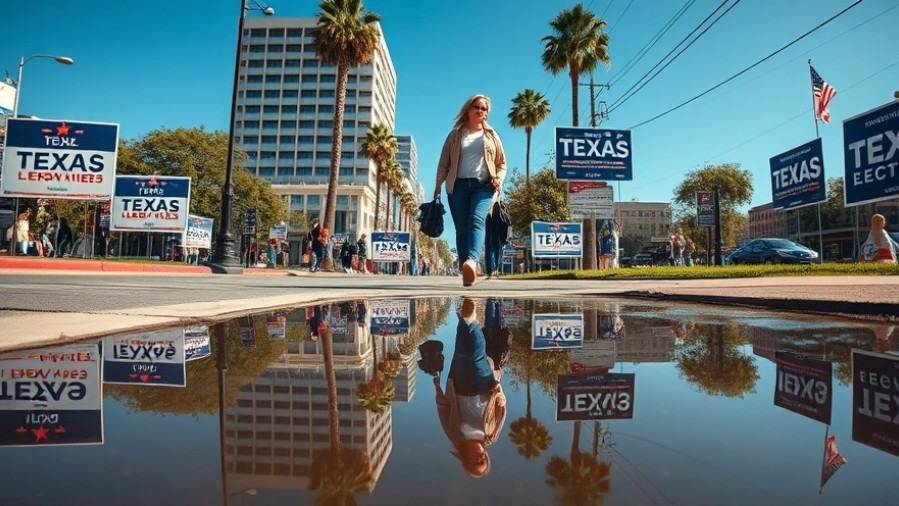 Election day in Texas with confident woman, campaign signs, and clear blue sky.