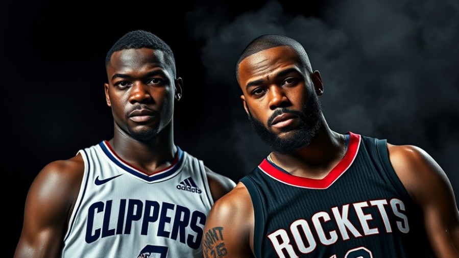 NBA highlights featuring Clippers and Rockets players in dramatic lighting.