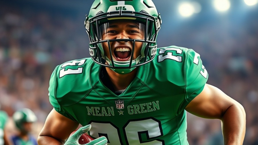 North Texas Mean Green player in action, showcasing college football highlights with vibrant colors.