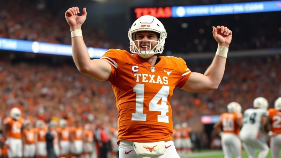 Arch Manning celebrating in Texas Longhorn jersey amid college football scores buzz.