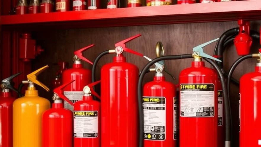 Various firefighting equipment and extinguishers highlighting manufacturing challenges and market competition in addressing fire apparatus delays.