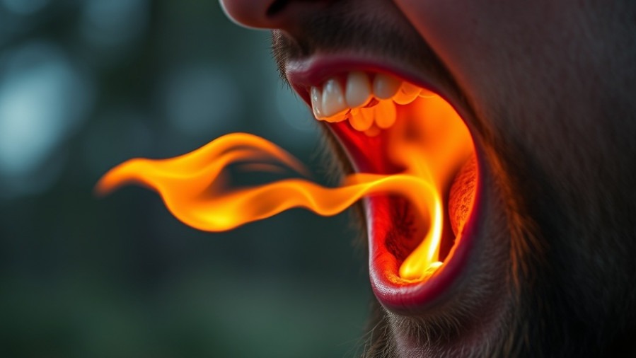 Man's mouth emitting fire, highlighting the health benefits of spicy food.