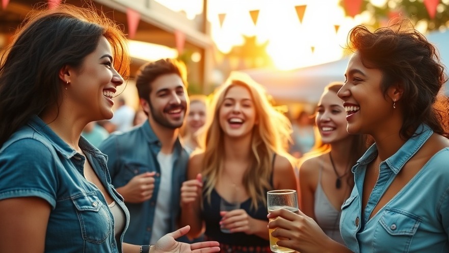 Diverse young adults laughing at a vibrant outdoor festival in Houston's golden hour.