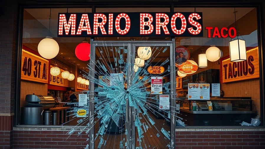 Smashed glass door of Mario Bros Tacos highlights Dallas crime reports.
