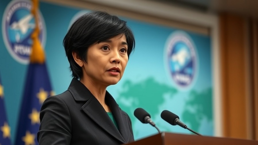 Confident female speaker at a government press conference discussing travel disruptions and GOP news.