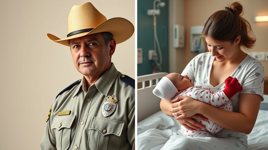 Emotional scene highlighting first responder health issues: officer with badge and compassionate mother with baby.