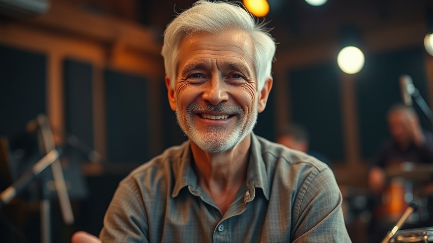 Smiling older man in band rehearsal room, perfect for San Antonio weekend activities.