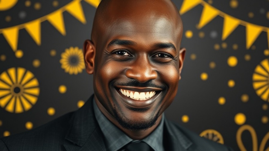 Lifelike headshot of a bald black man in a suit, set against a vibrant black and yellow background.