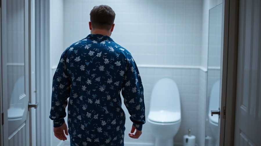 Sleepy man in pajamas practicing healthy aging nutrition on his way to the bathroom.