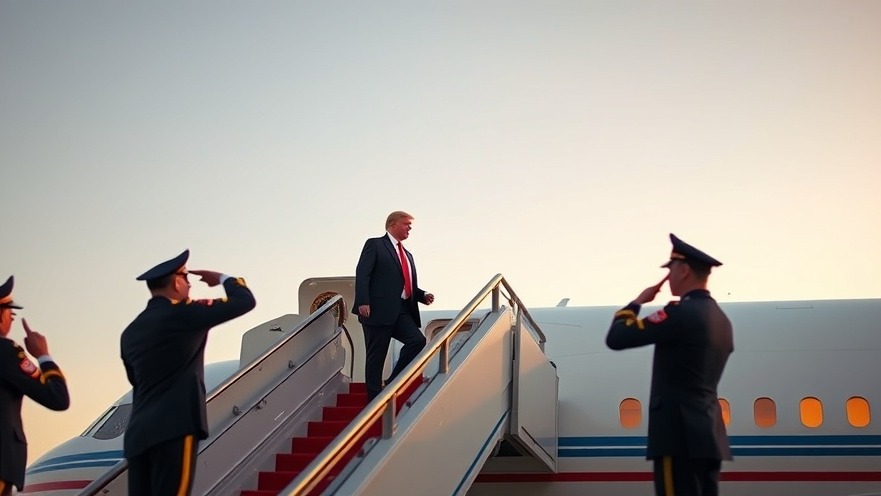 Trump ascending airplane stairs with military personnel, capturing U.S. military news.