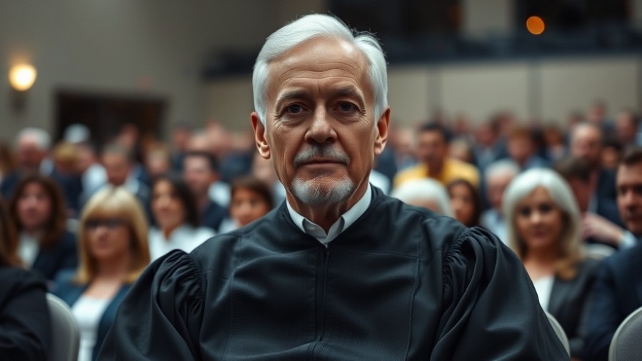 Photorealistic older judge in black robe at civil rights event, highlighting transgender rights.