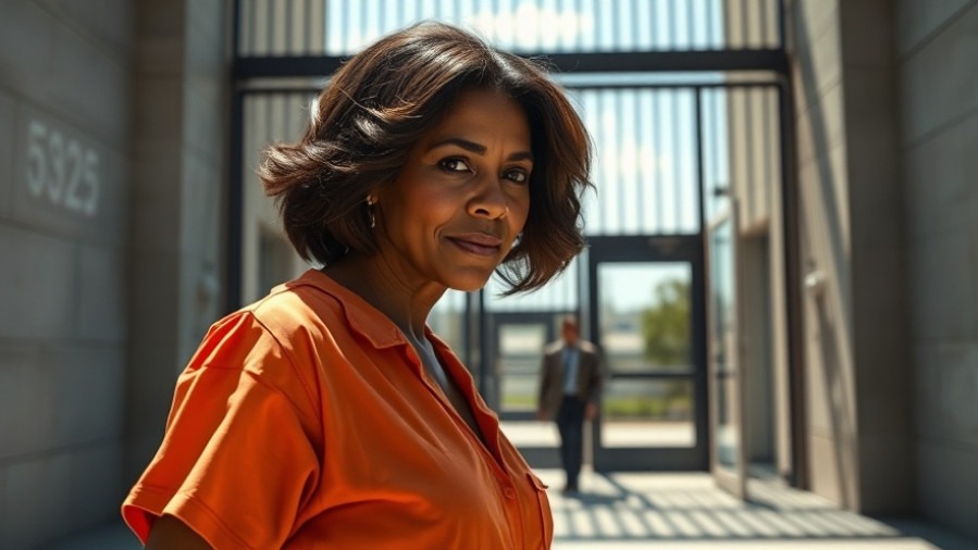 Michelle Obama in an orange jumpsuit at a jail entrance, highlighting community support systems during a mental health crisis.