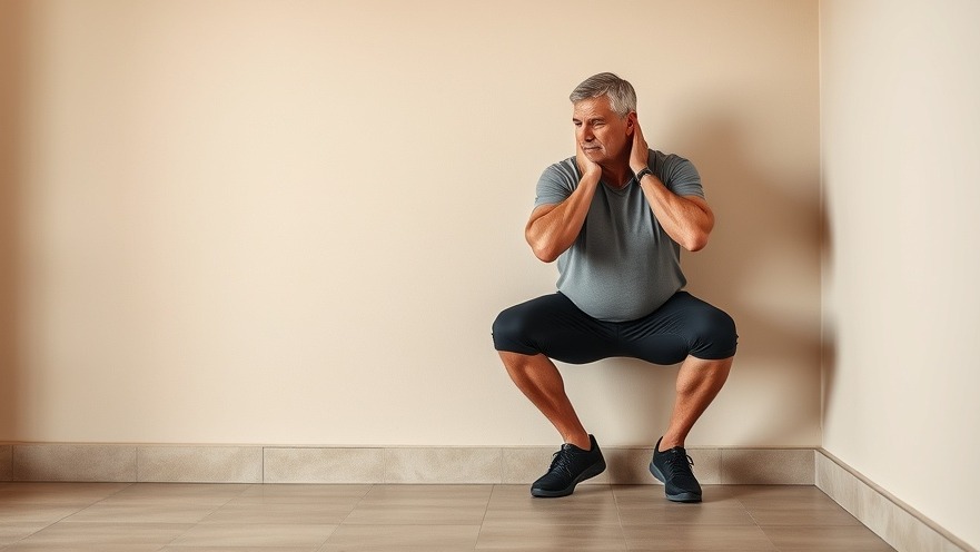 Middle-aged man doing a wall squat, promoting mental wellness for seniors.