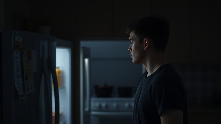 Young man in dark kitchen promoting mental health awareness through social connection.